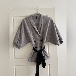 Zara Gray Plaid Double-Breasted Short Sleeve Blazer with Black Tie Size Medium